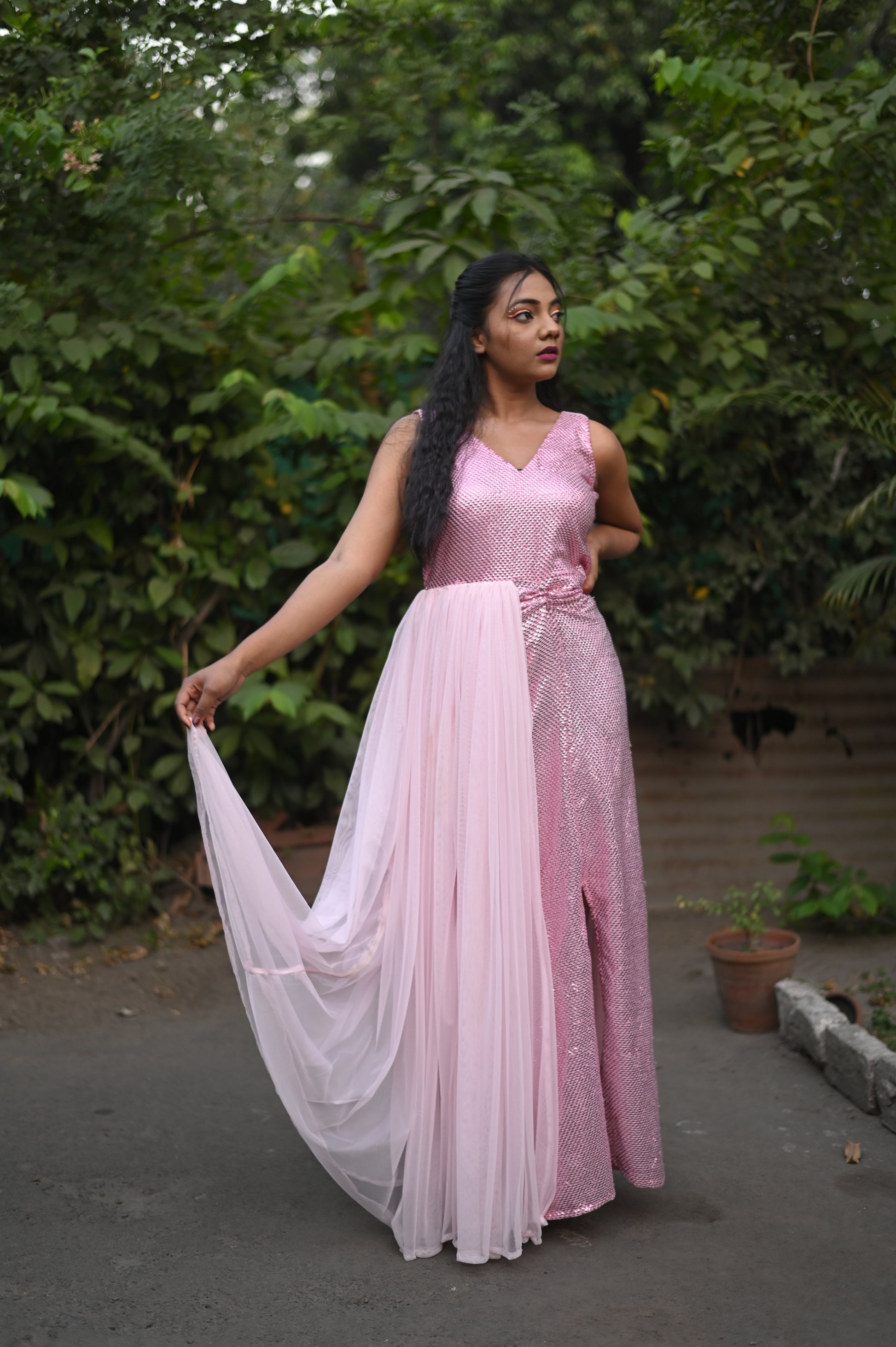 Blush Pink Sequin Gown with Sheer Draped Panel