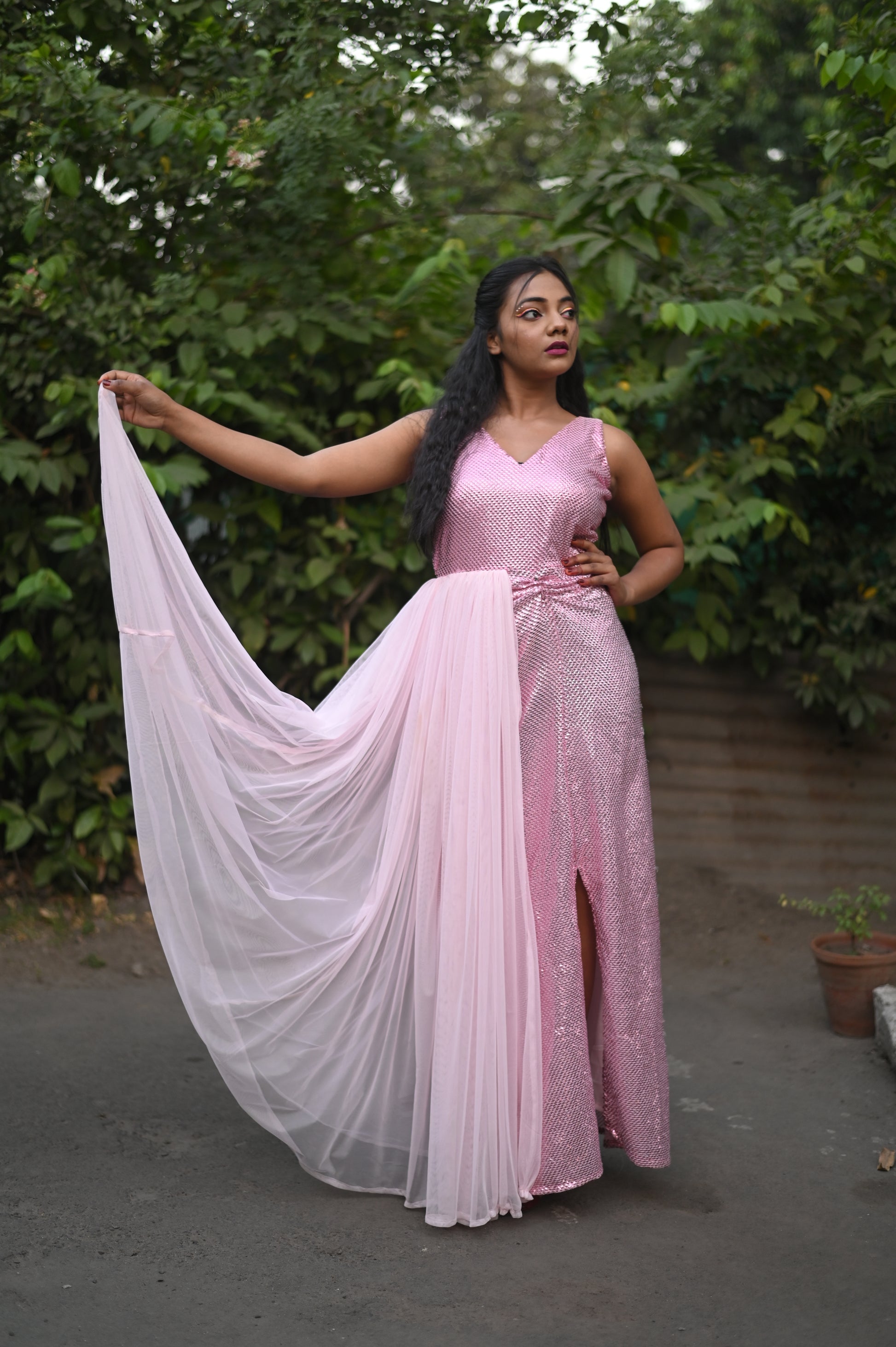 Blush Pink Sequin Gown with Sheer Draped Panel