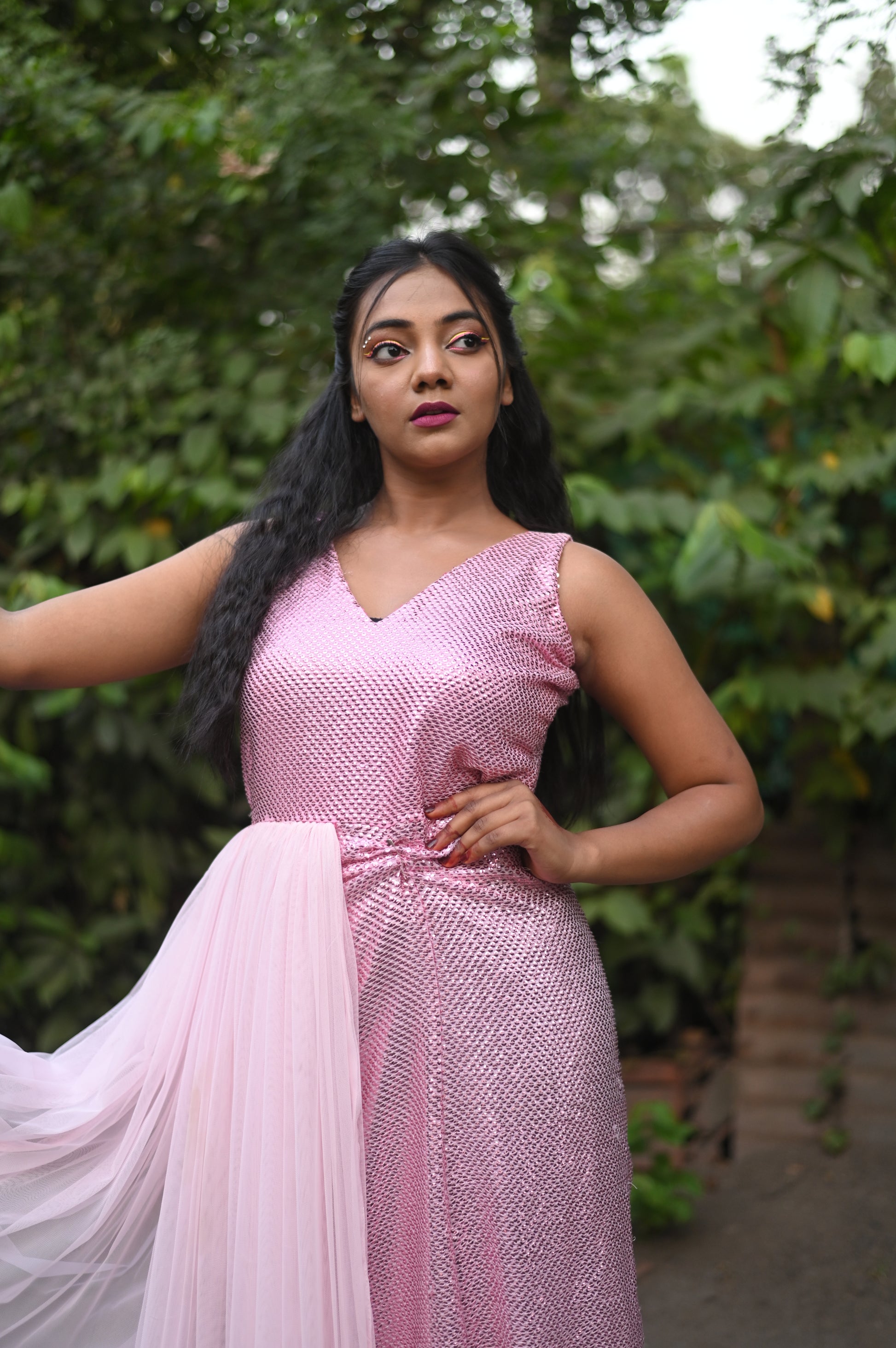 Blush Pink Sequin Gown with Sheer Draped Panel