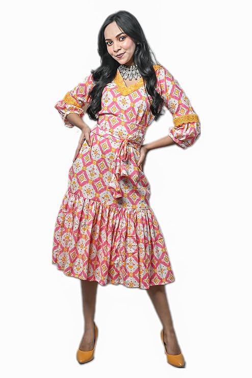 MINAAKSHIGANGAA  V-Neck Midi Dress with Waist Belt