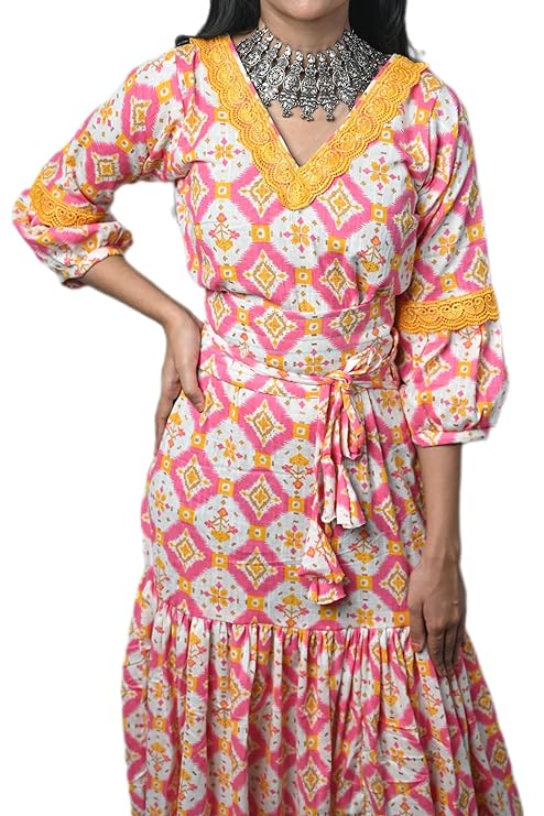 MINAAKSHIGANGAA  V-Neck Midi Dress with Waist Belt