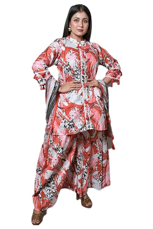 MINAAKSHIGANGAA  Red shrara set with chhifon printed duppatta
