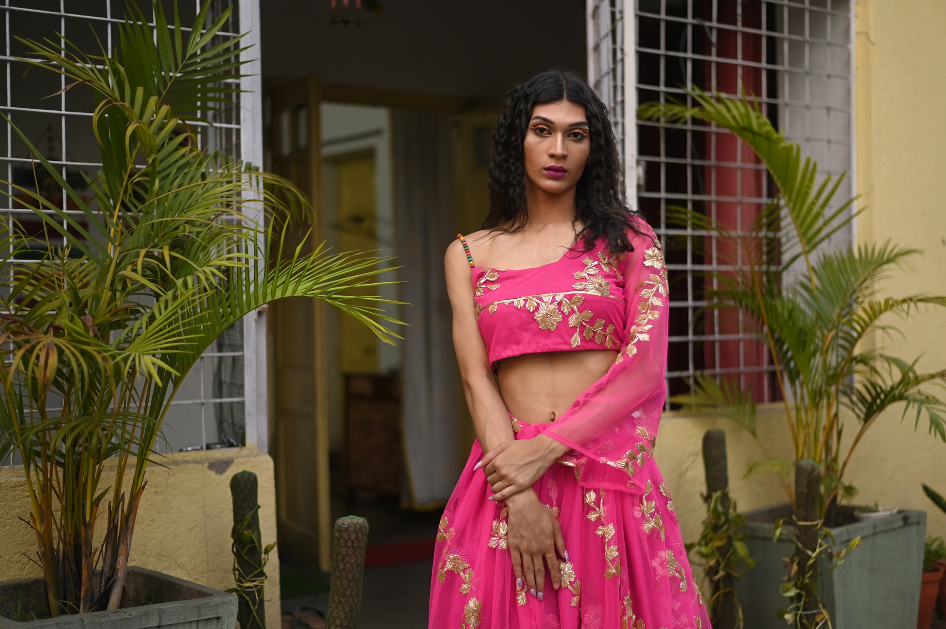 Bright Pink Embroidered Lehenga Set with One-Shoulder Blouse