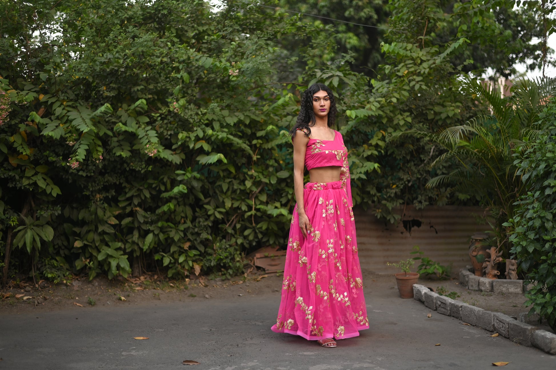 Bright Pink Embroidered Lehenga Set with One-Shoulder Blouse