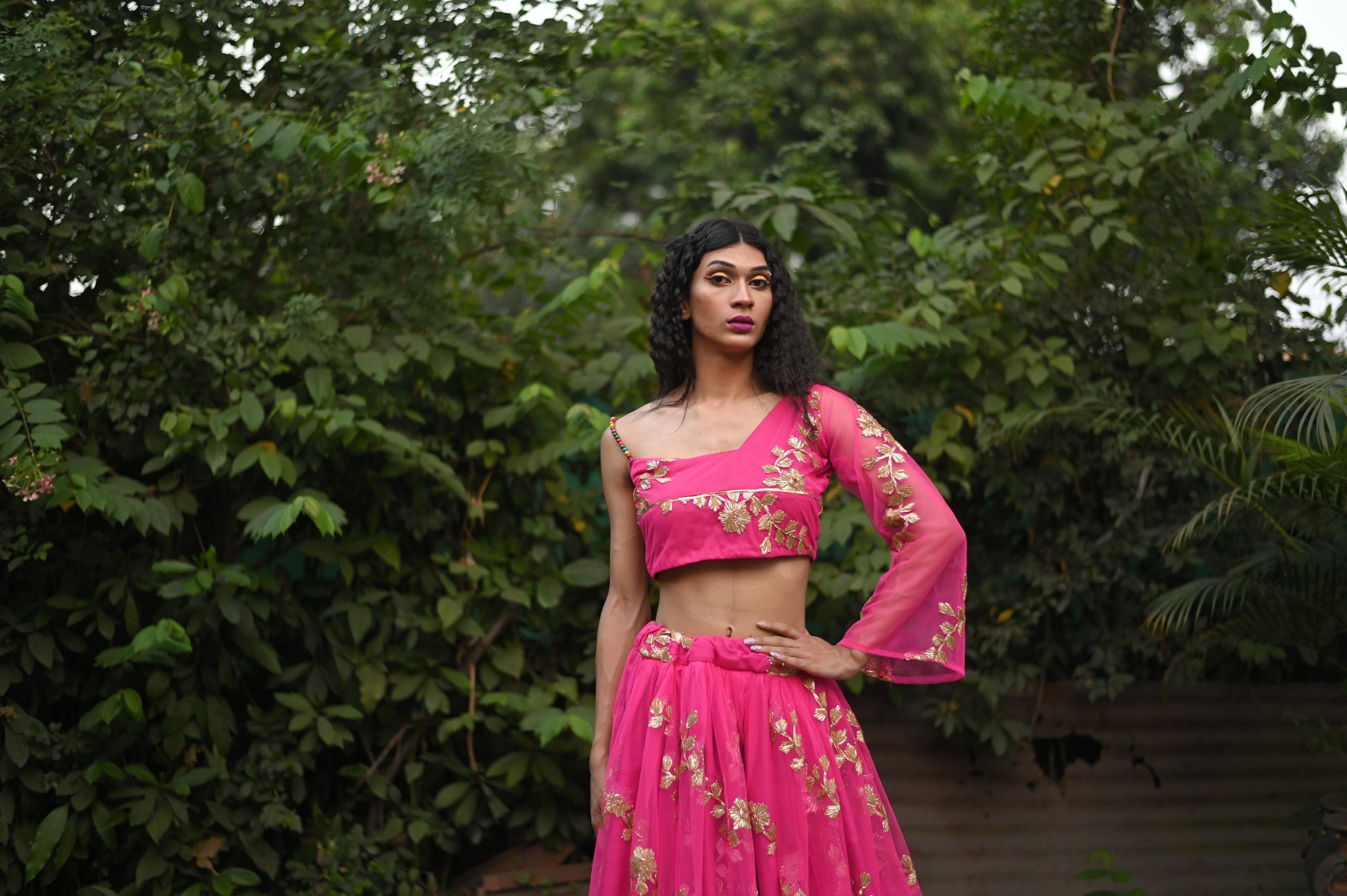Bright Pink Embroidered Lehenga Set with One-Shoulder Blouse