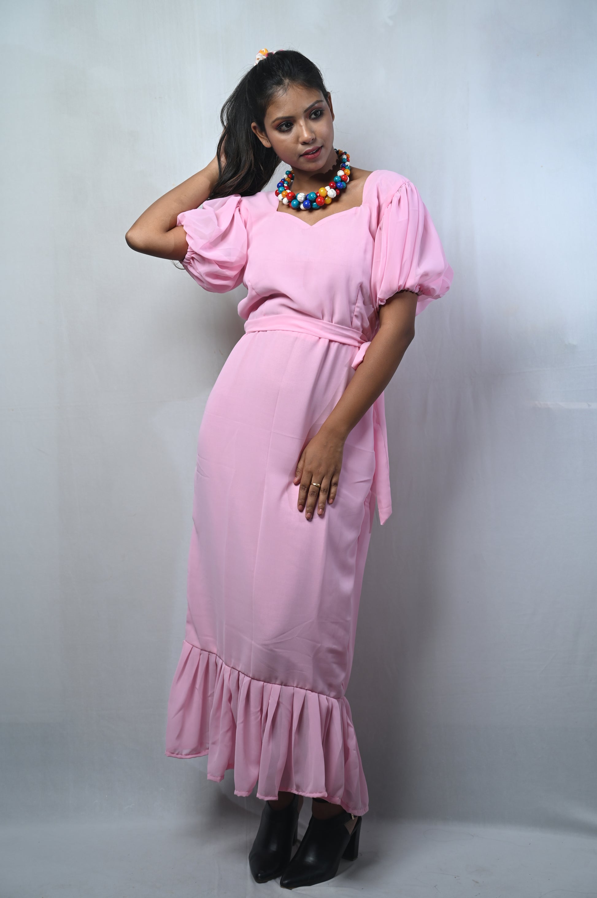 Long georgette gown with belt