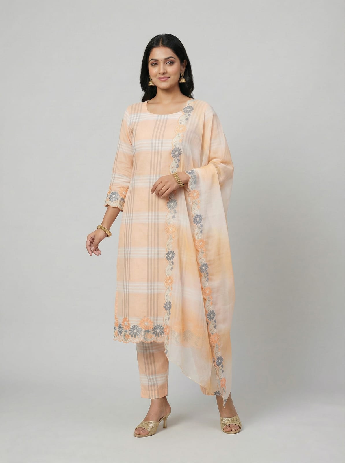 Aabha – Cotton Check Embroidered Suit Set with Kota Doria Dupatta
