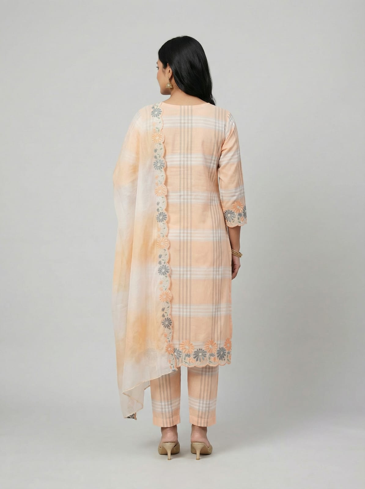 Aabha – Cotton Check Embroidered Suit Set with Kota Doria Dupatta