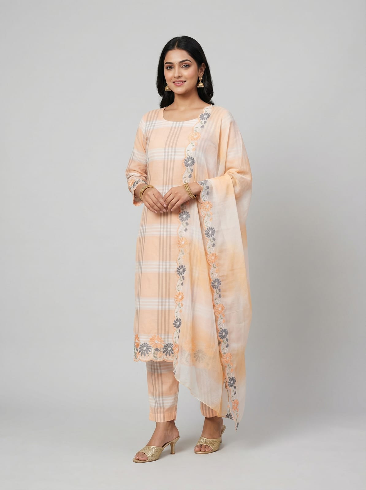 Aabha – Cotton Check Embroidered Suit Set with Kota Doria Dupatta