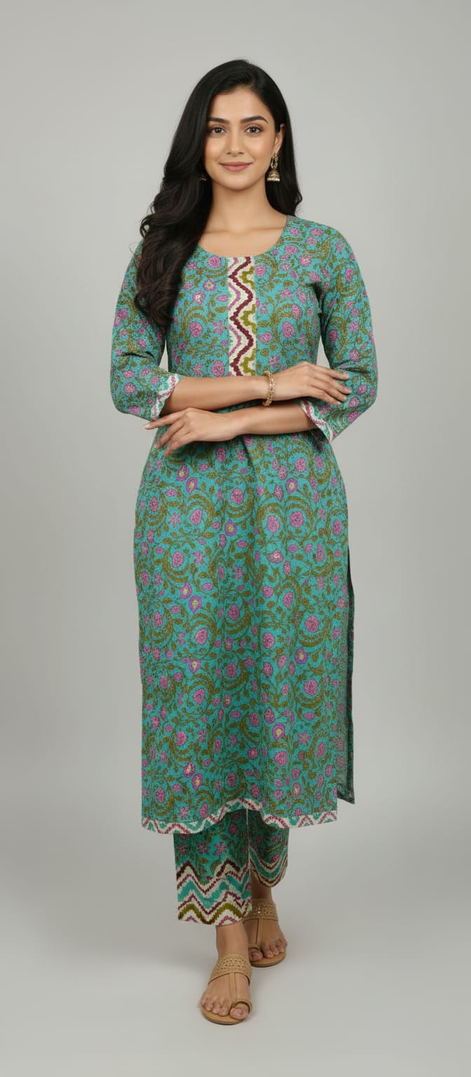 Aarini Block Print Cotton Kurta Set with Gotta Patti Neck Work
