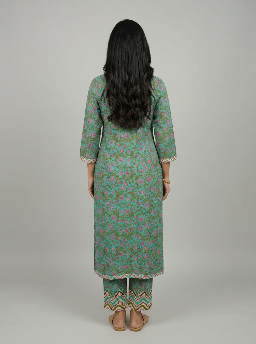 Aarini Block Print Cotton Kurta Set with Gotta Patti Neck Work