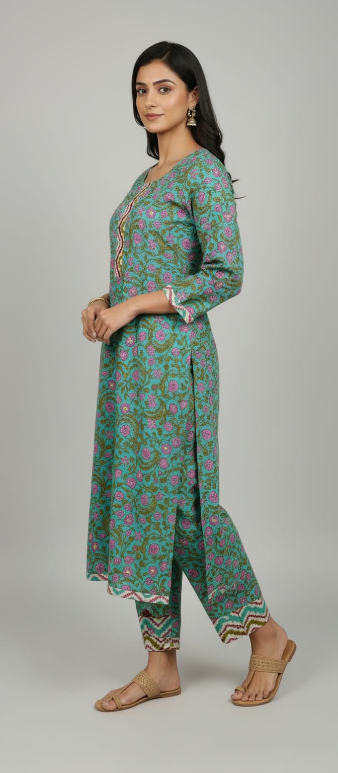 Aarini Block Print Cotton Kurta Set with Gotta Patti Neck Work
