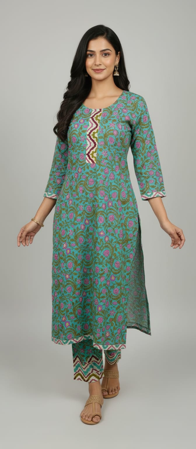 Aarini Block Print Cotton Kurta Set with Gotta Patti Neck Work