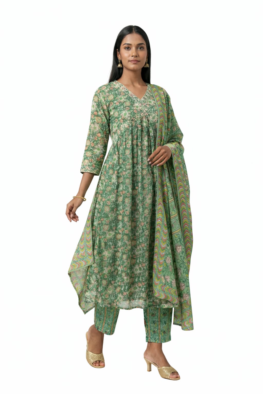 Green Floral Printed Cotton Suit Set with Coordinated Dupatta