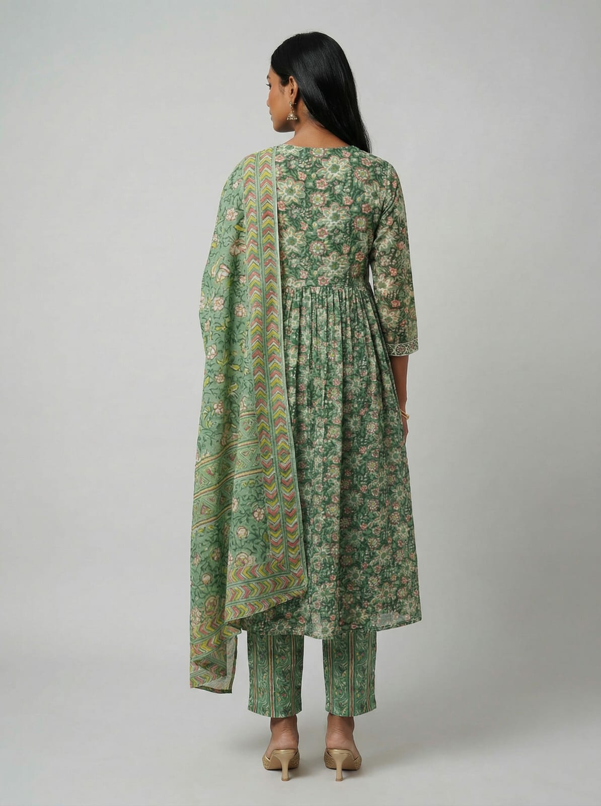 Green Floral Printed Cotton Suit Set with Coordinated Dupatta