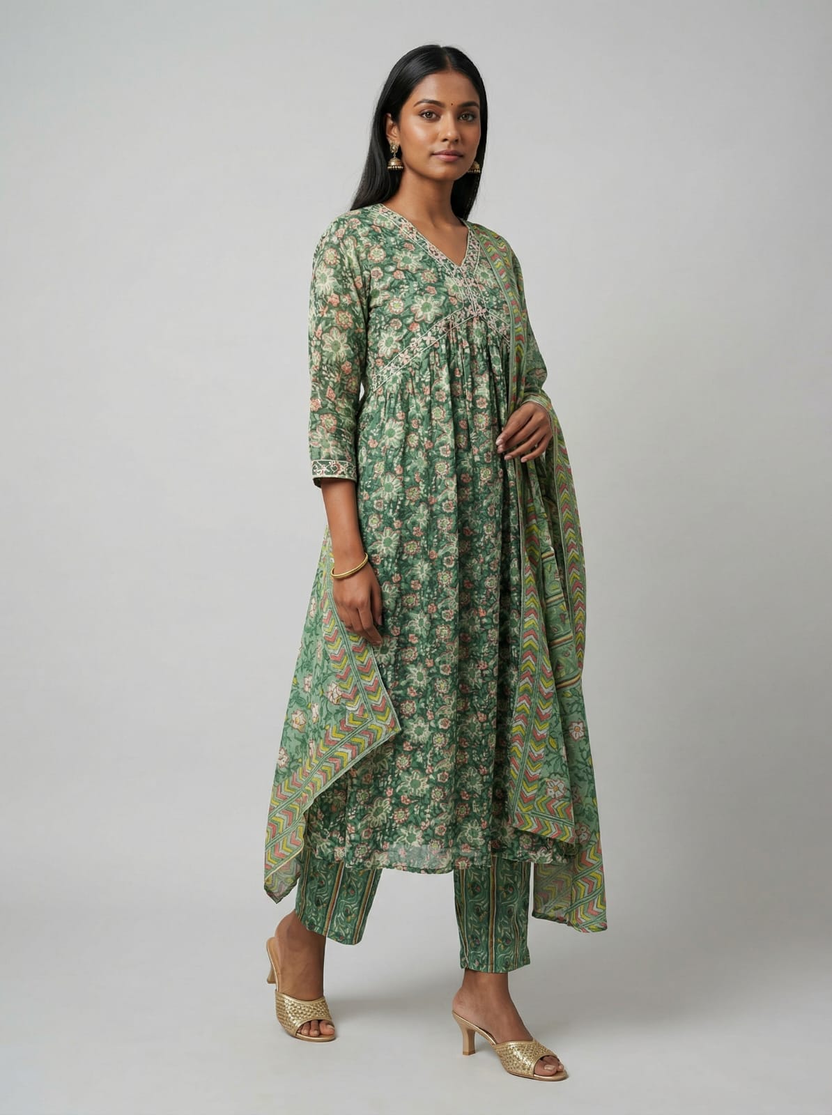 Green Floral Printed Cotton Suit Set with Coordinated Dupatta