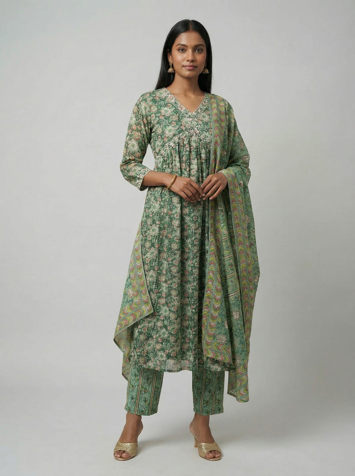 Green Floral Printed Cotton Suit Set with Coordinated Dupatta