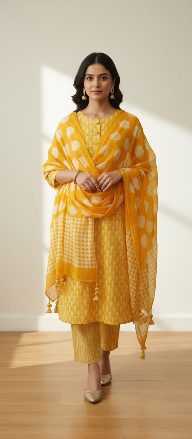 Sunshine Yellow Cotton Printed Suit Set with Tassel Dupatta