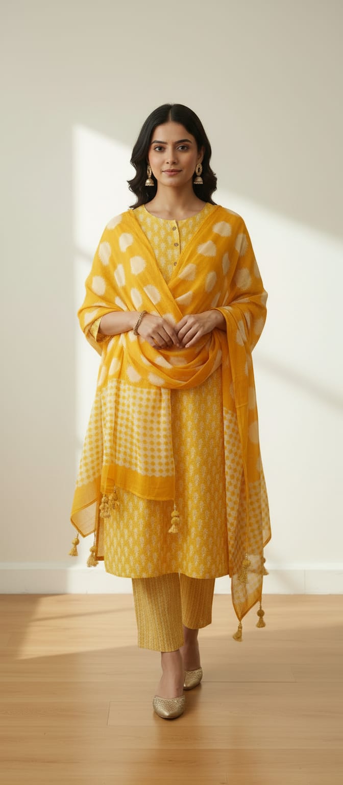 Sunshine Yellow Cotton Printed Suit Set with Tassel Dupatta
