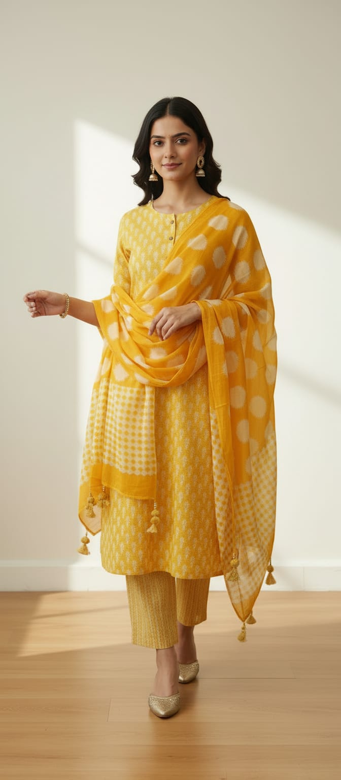 Sunshine Yellow Cotton Printed Suit Set with Tassel Dupatta