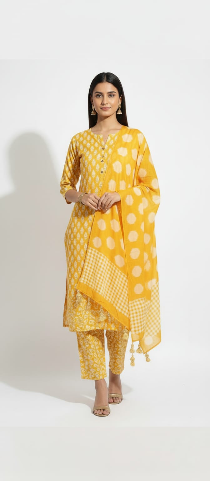 Sunshine Yellow Cotton Printed Suit Set with Tassel Dupatta