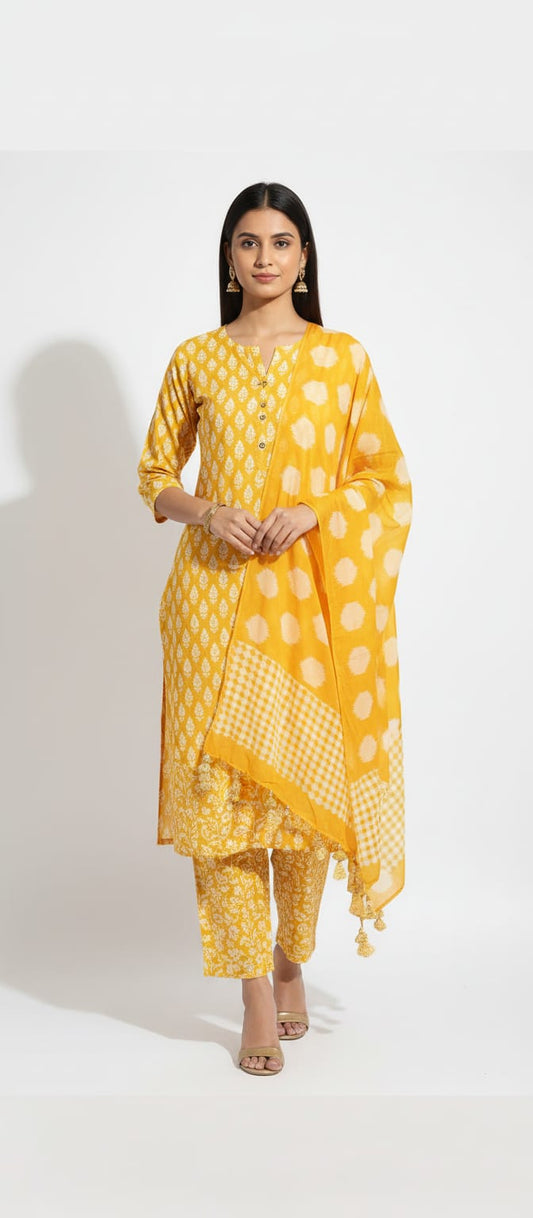 Sunshine Yellow Cotton Printed Suit Set with Tassel Dupatta