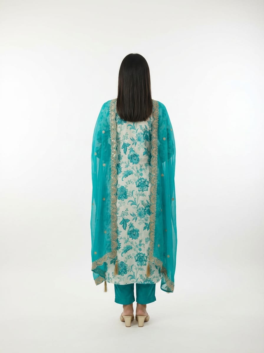 Teal Floral Printed Cotton Suit Set with Chiffon Embellished Dupatta