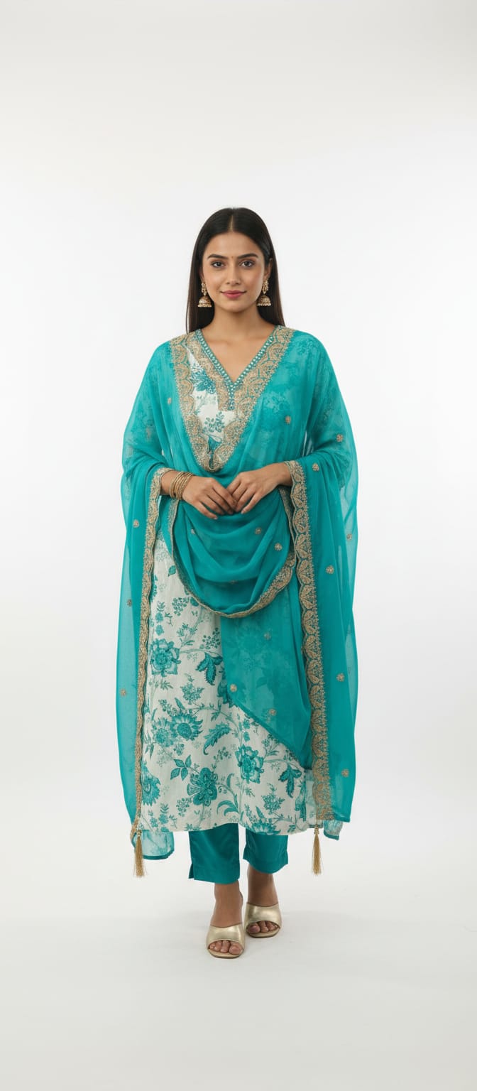 Teal Floral Printed Cotton Suit Set with Chiffon Embellished Dupatta