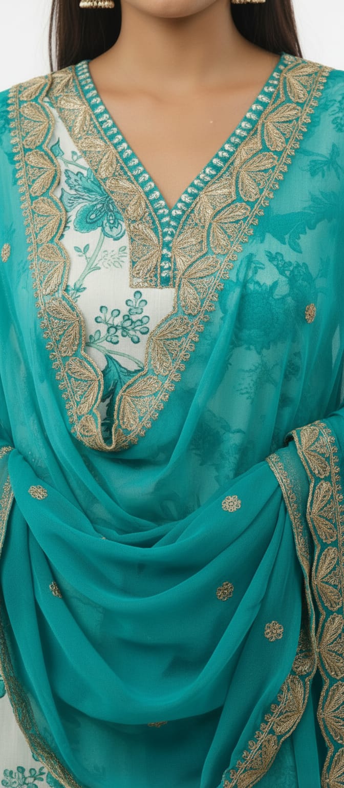 Teal Floral Printed Cotton Suit Set with Chiffon Embellished Dupatta