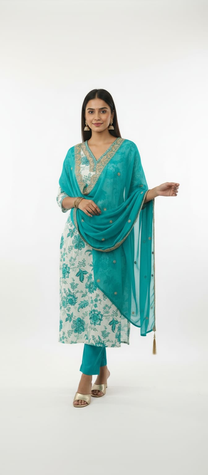 Teal Floral Printed Cotton Suit Set with Chiffon Embellished Dupatta