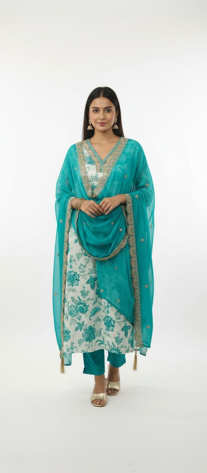 Teal Floral Printed Cotton Suit Set with Chiffon Embellished Dupatta