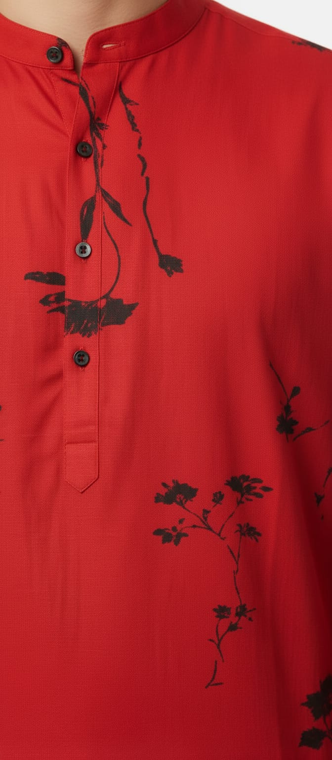 Rudra Red Rayon Cotton Printed Kurta for Men