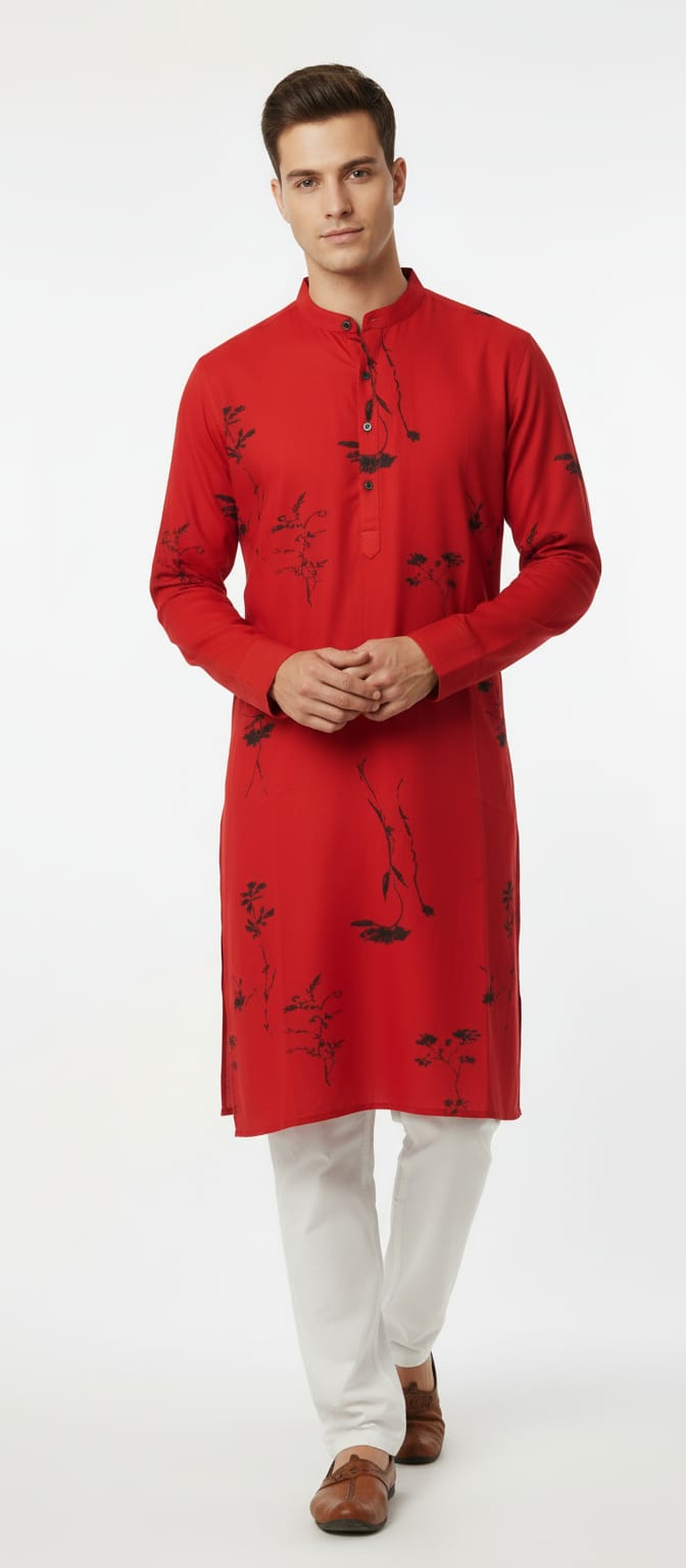 Rudra Red Rayon Cotton Printed Kurta for Men