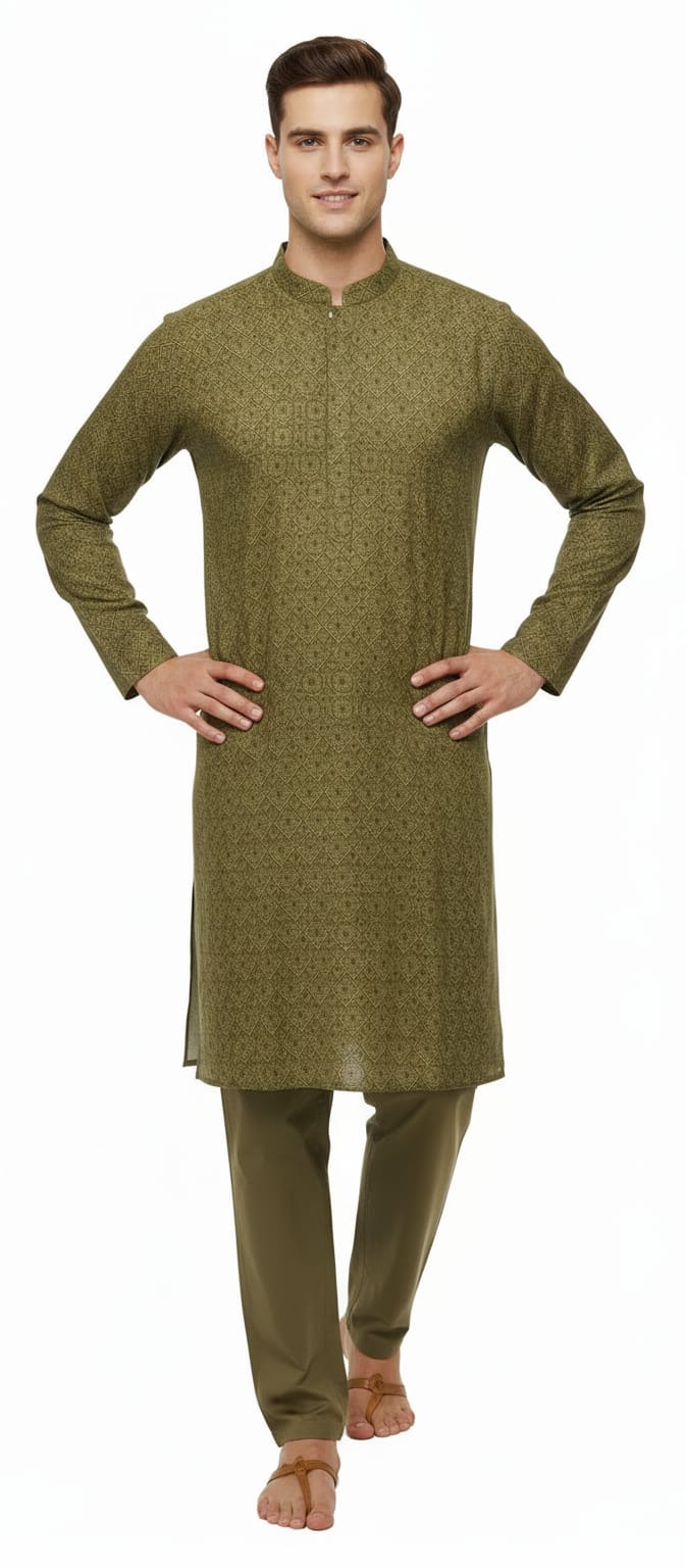 Aranya Green Cotton Silk Printed Kurta