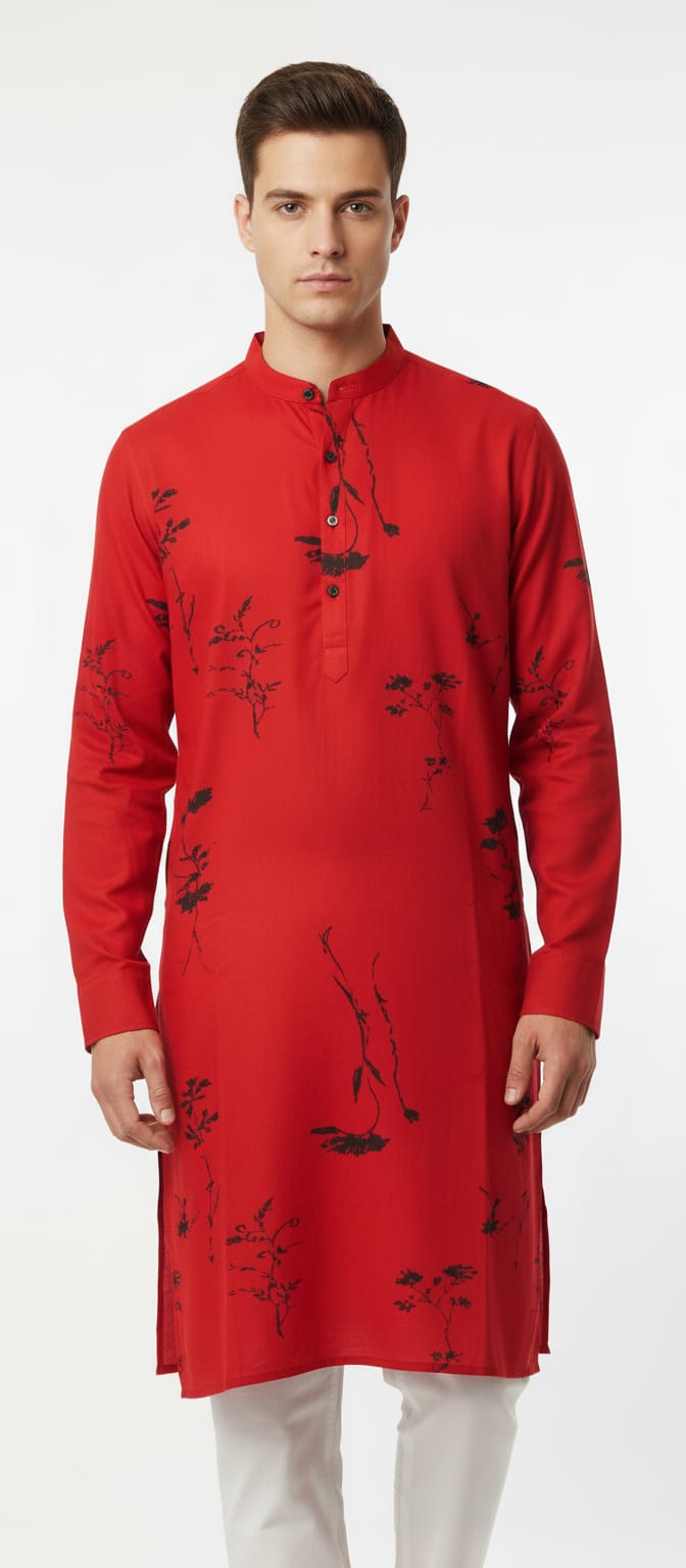 Rudra Red Rayon Cotton Printed Kurta for Men