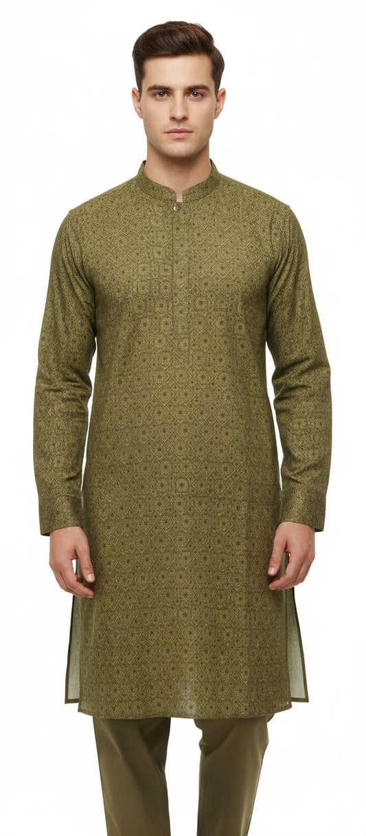 Aranya Green Cotton Silk Printed Kurta