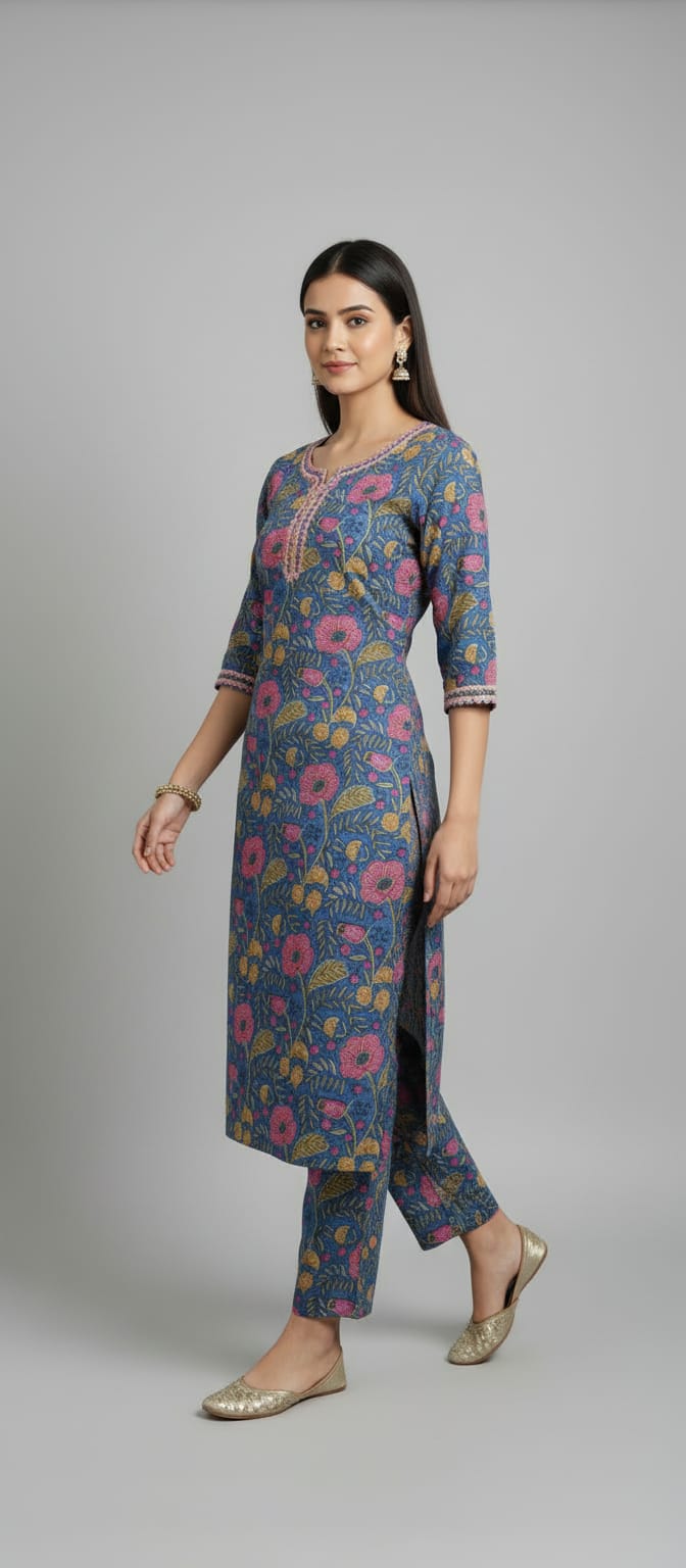 Gulnaar Blue Floral Kurta Set