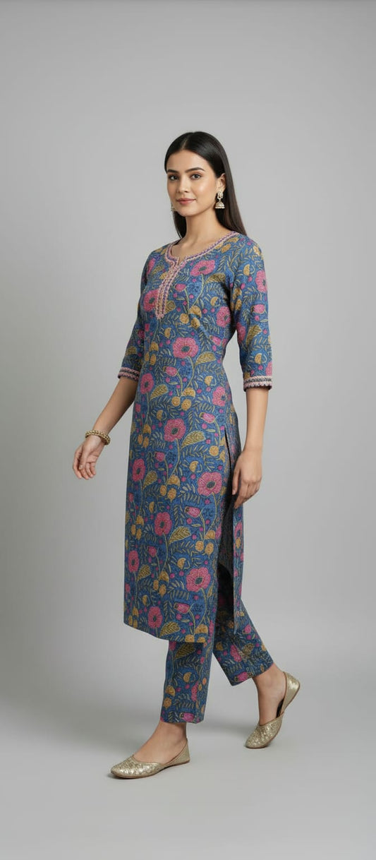 Gulnaar Blue Floral Kurta Set