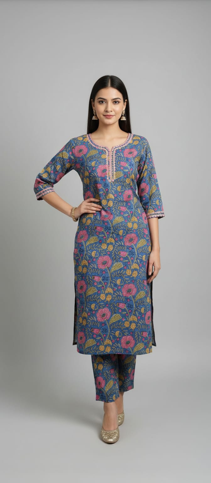 Gulnaar Blue Floral Kurta Set