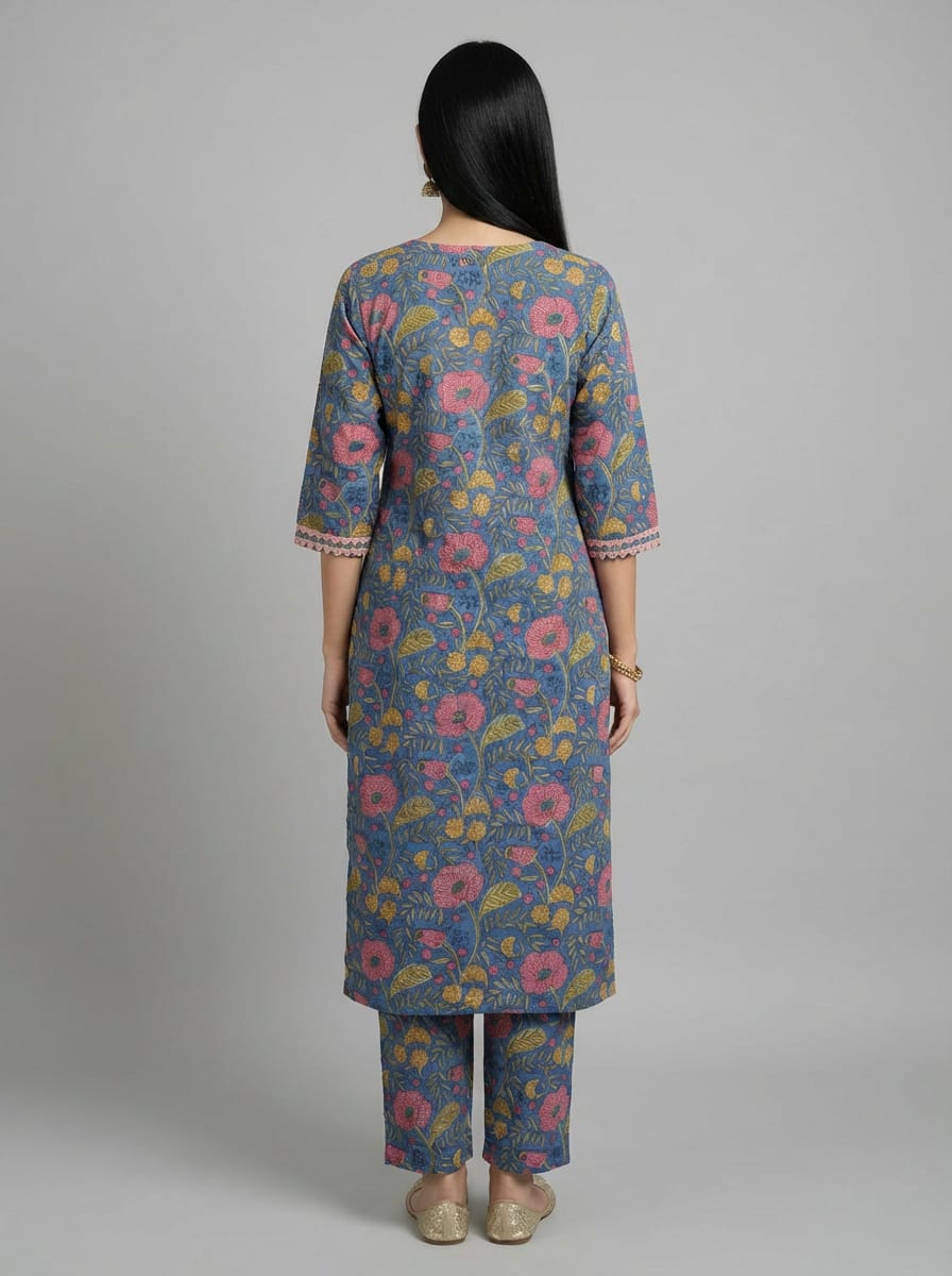 Gulnaar Blue Floral Kurta Set