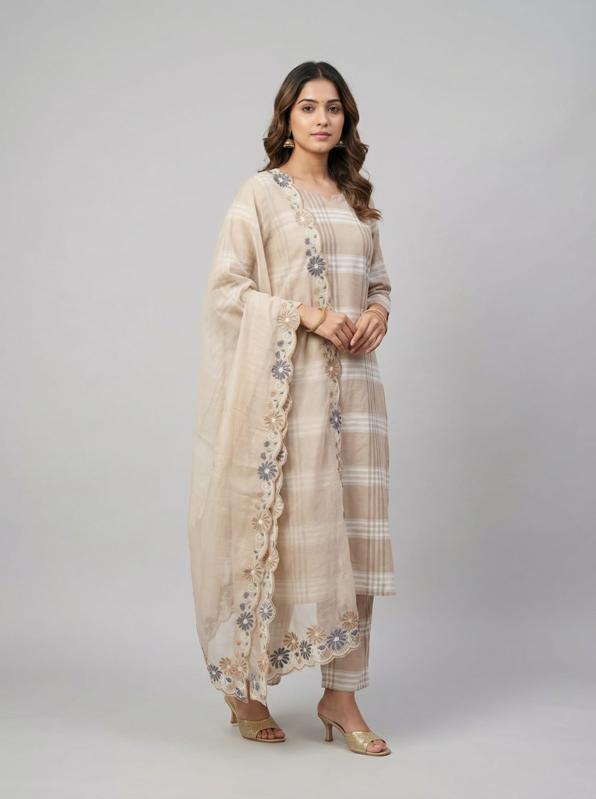 Aabha – Cotton Check Embroidered Suit Set with Kota Doria Dupatta
