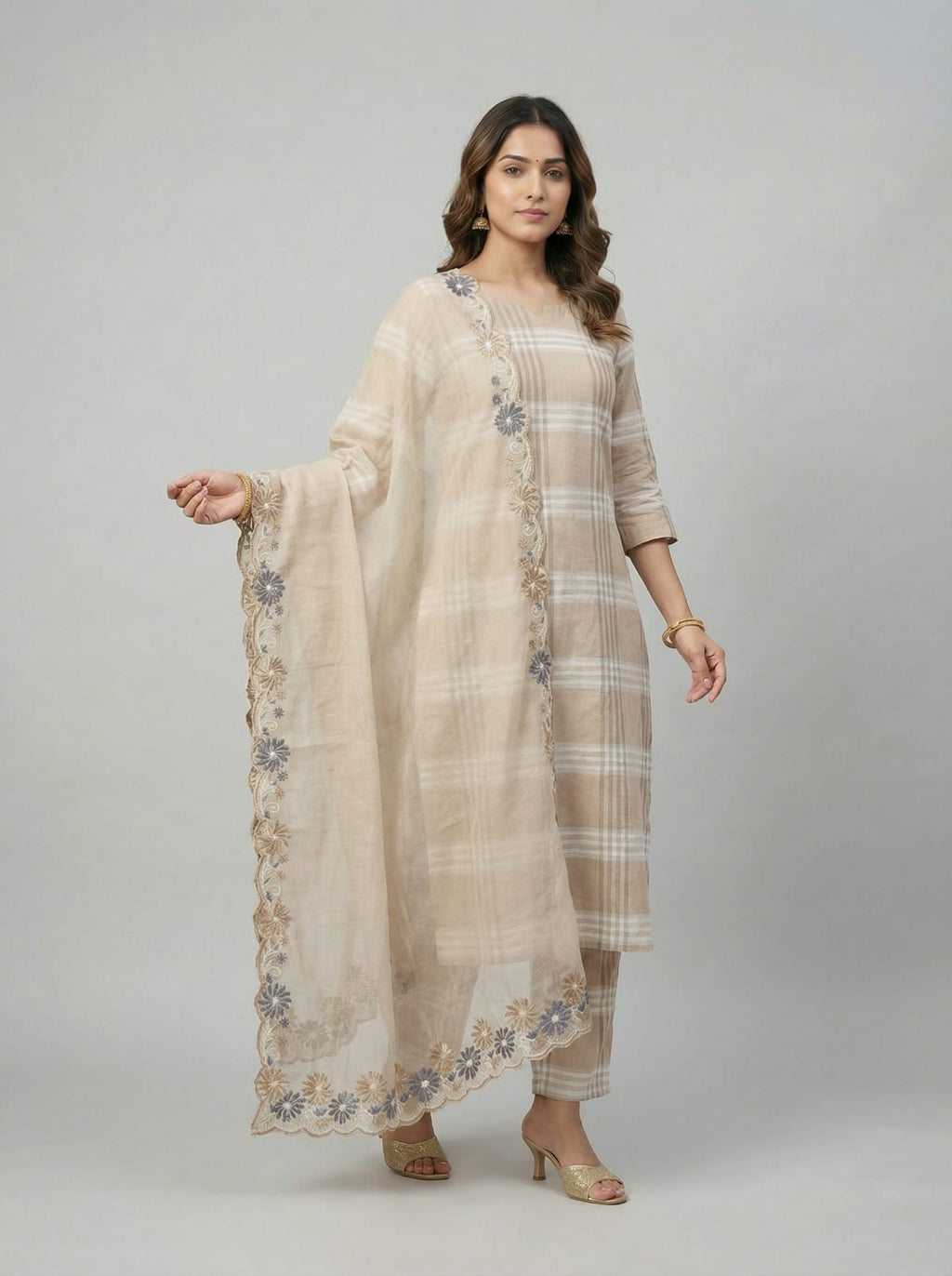 Aabha – Cotton Check Embroidered Suit Set with Kota Doria Dupatta