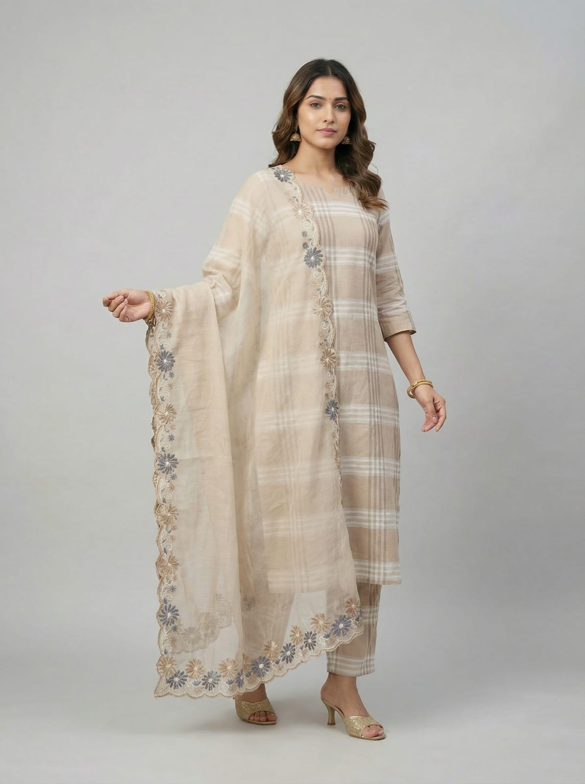 Aabha – Cotton Check Embroidered Suit Set with Kota Doria Dupatta