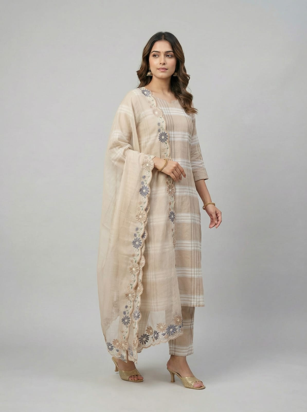 Aabha – Cotton Check Embroidered Suit Set with Kota Doria Dupatta