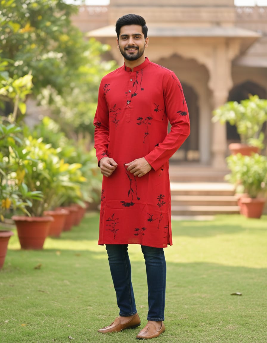Rudra Red Rayon Cotton Printed Kurta for Men