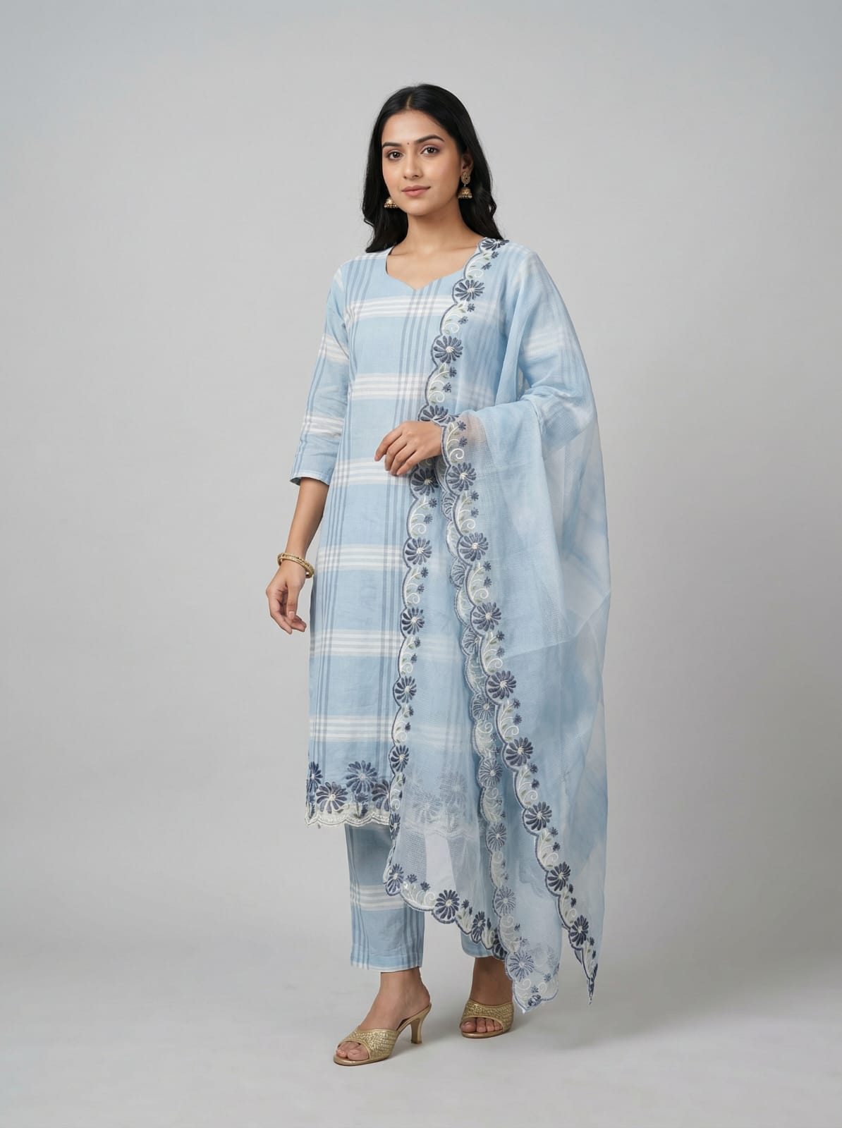 Aabha – Cotton Check Embroidered Suit Set with Kota Doria Dupatta