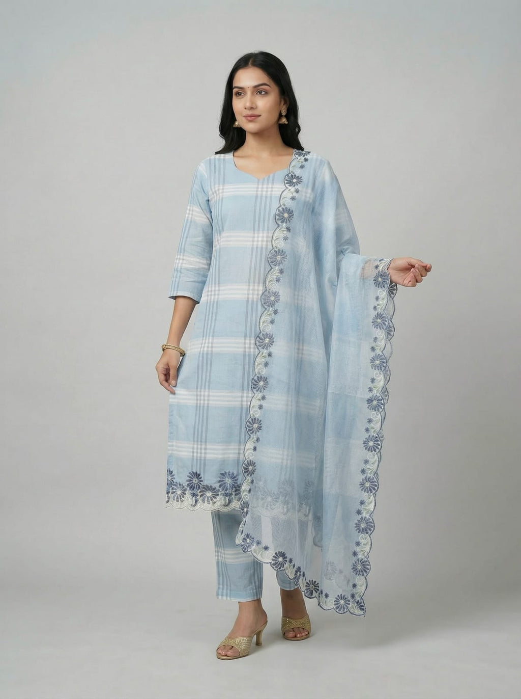 Aabha – Cotton Check Embroidered Suit Set with Kota Doria Dupatta