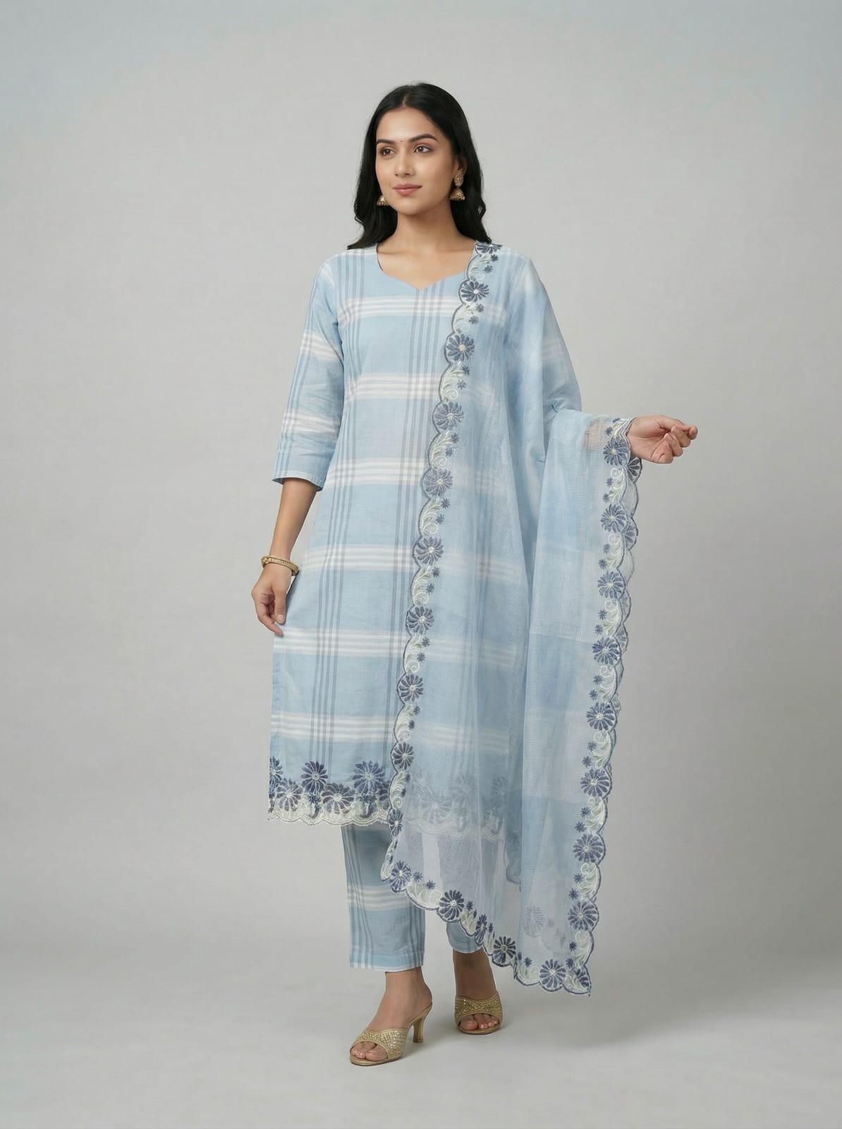 Aabha – Cotton Check Embroidered Suit Set with Kota Doria Dupatta