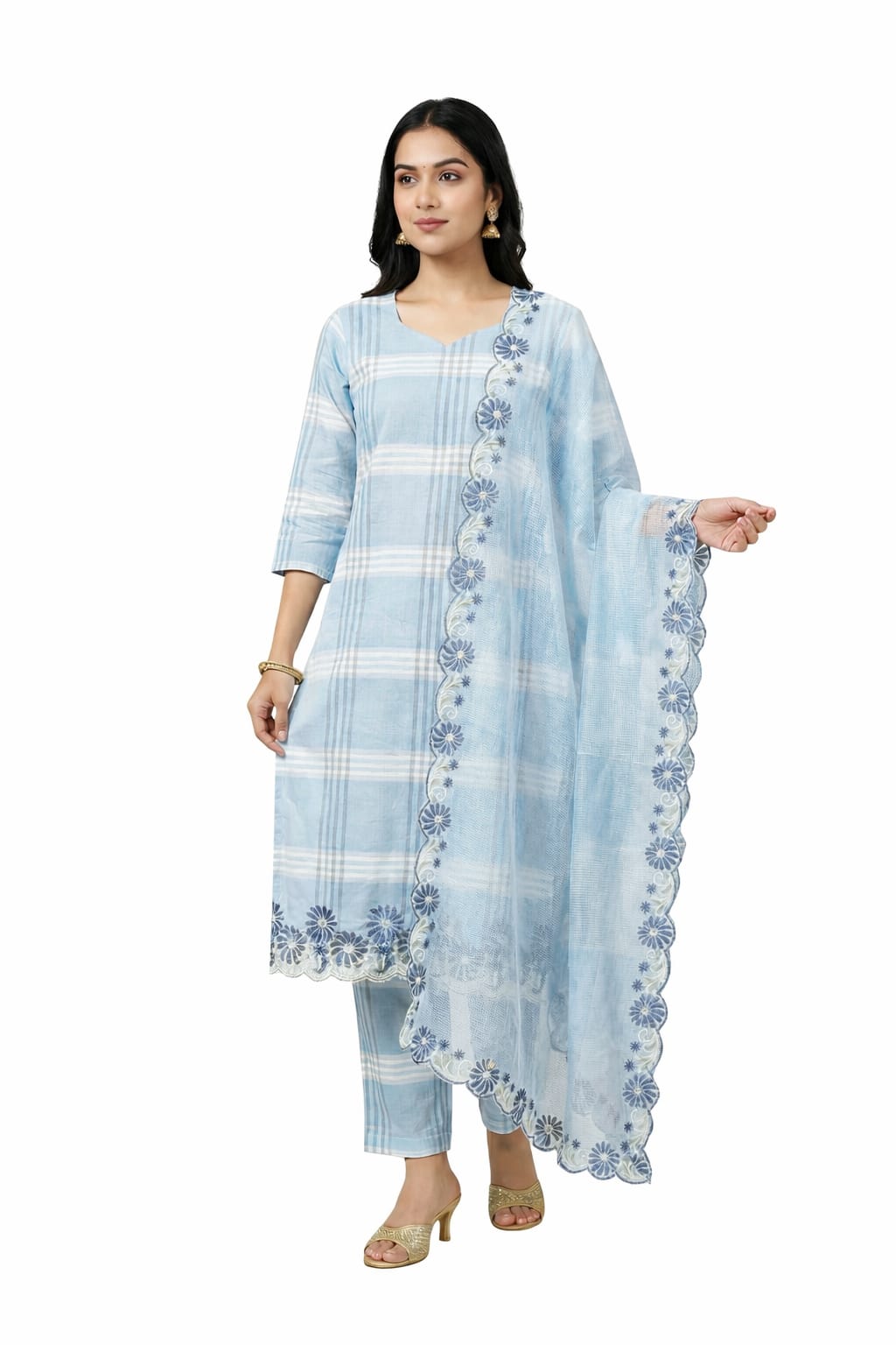 Aabha – Cotton Check Embroidered Suit Set with Kota Doria Dupatta