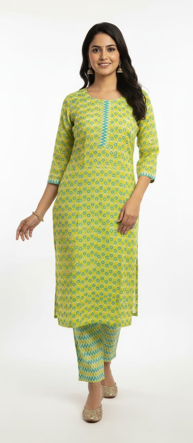 Aarini Block Print Cotton Kurta Set with Gotta Patti Neck Work